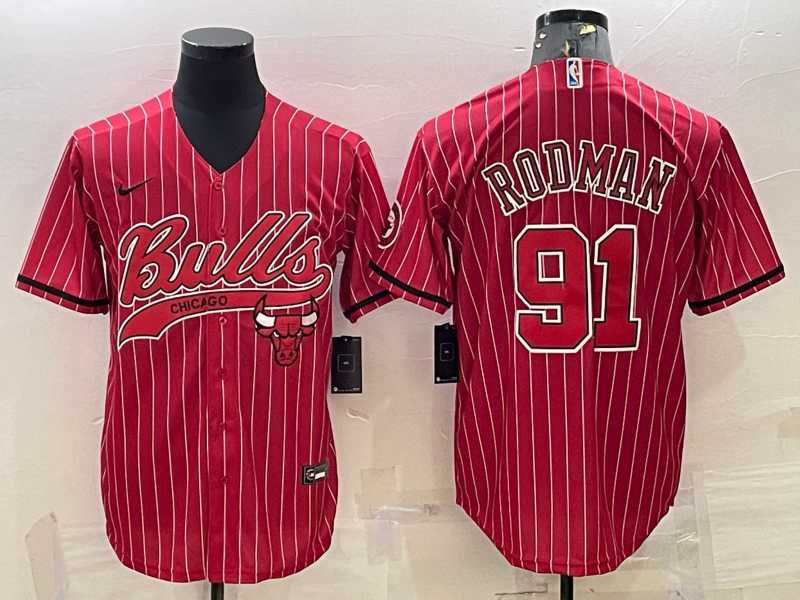 Mens Chicago Bulls #91 Dennis Rodman Red With Patch Cool Base Stitched Baseball Jerseys